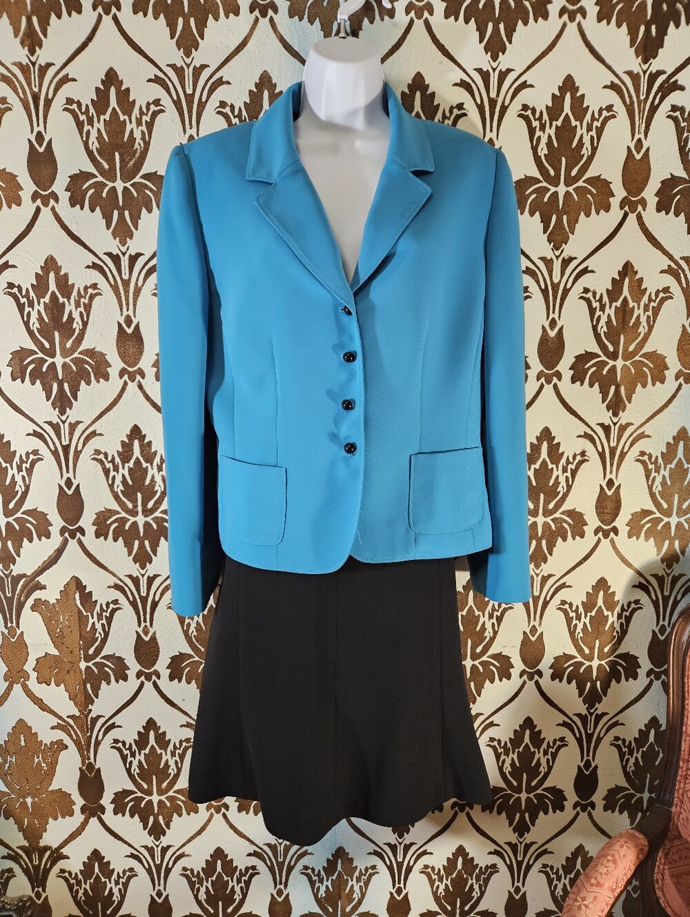 Tahari Arthur S Levine 2-PIECE Skirt Suit SET Women's 14P Petites Turquoise Blue